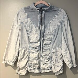 xcvi rustic distressed acid wash 80s denim ruched drawstring lightweight jacket